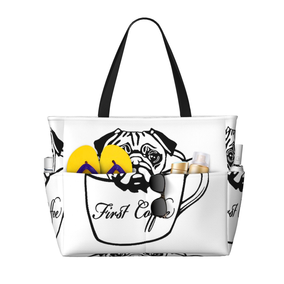 Yoga Fitness First - Pug First Coffee Beach Tote Bag