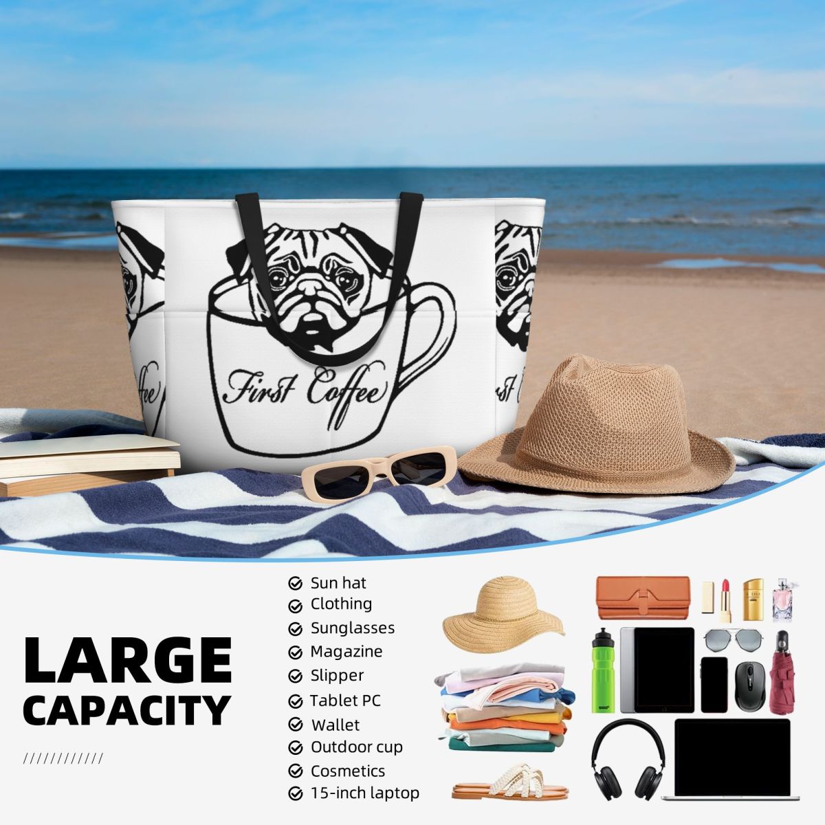 Pug First Coffee Beach Tote Ba - Yoga Fitness First recension och pris